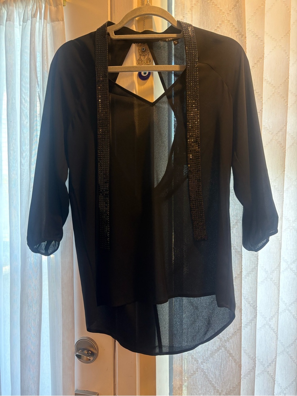 Express Black Sheer V-Neck Blouse with Sequin Trim